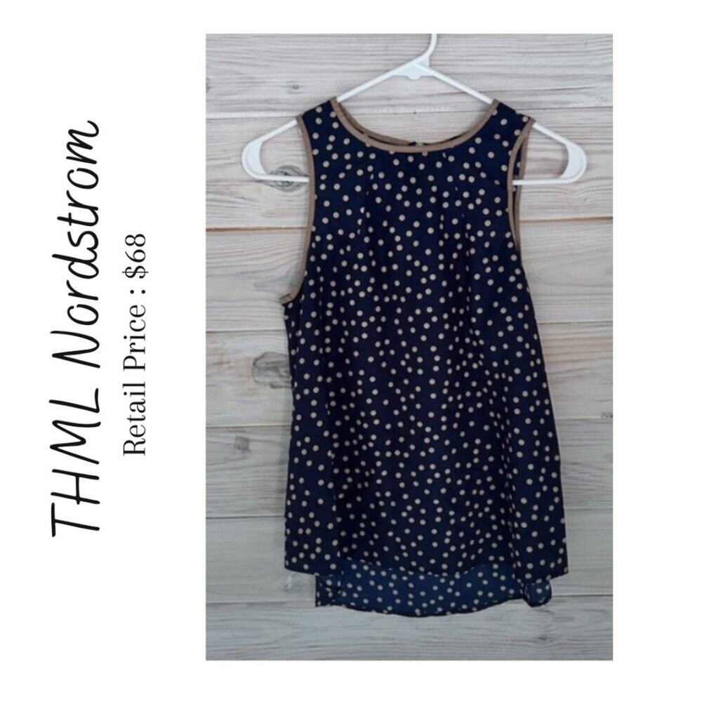 Nordstrom THML Navy & Tan Polkadot Tank Faux Leather Trim Size Small